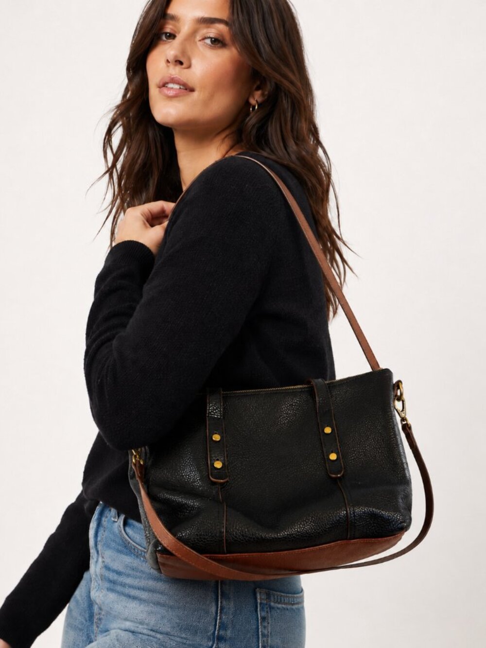 Fossil Black Brown Leather Hobo Shoulder Bag Handbag Purse Vintage Classic